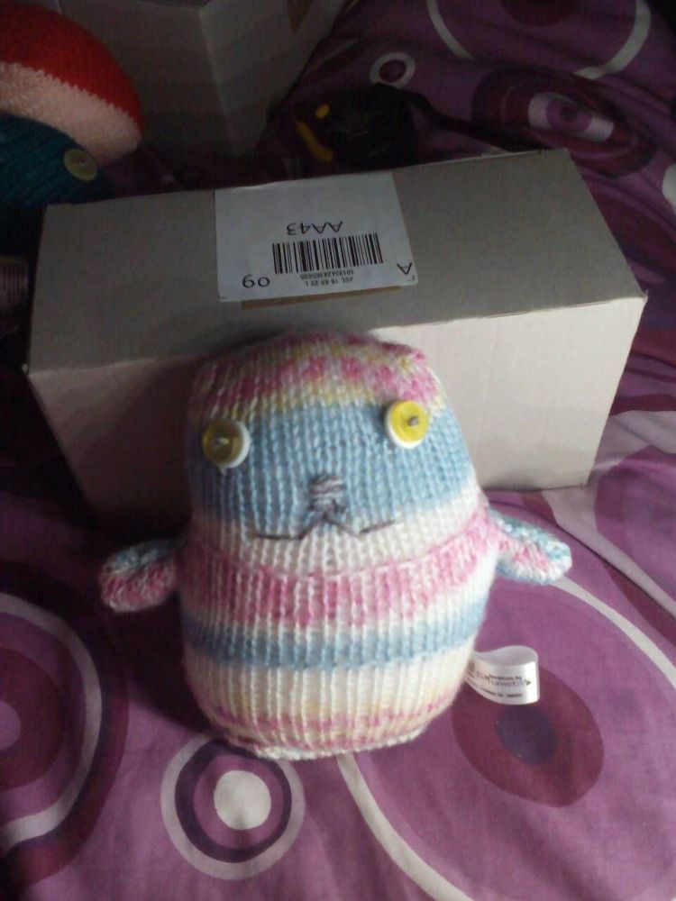 White Yellow Blue Pink Patterned with White/Yellow Eyes Ted - Knitted By Ki