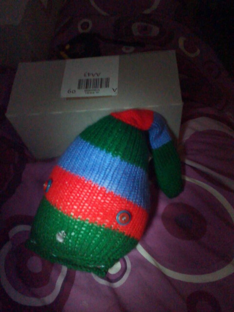 Blue, Red and Green Striped With Blue/Red Eyes Jumbo Meeser - Knitted By Ki