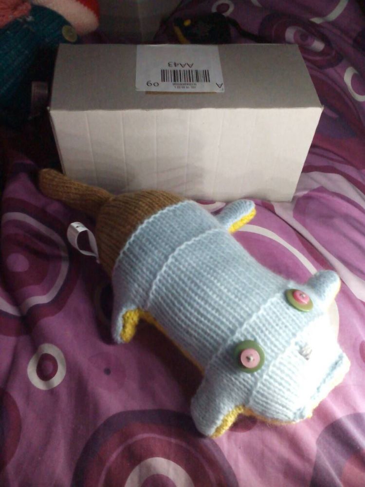 Blue, Brown and Yellow Body with Green/Pink Eyes Scuttlecat - Knitted By Ki