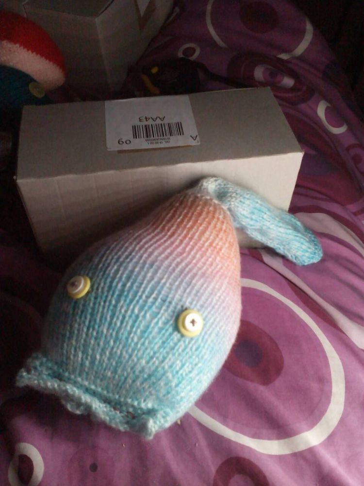 Blue and Peach Rainbow With White/Lemon Eyes Jumbo Meeser - Knitted By Kitt