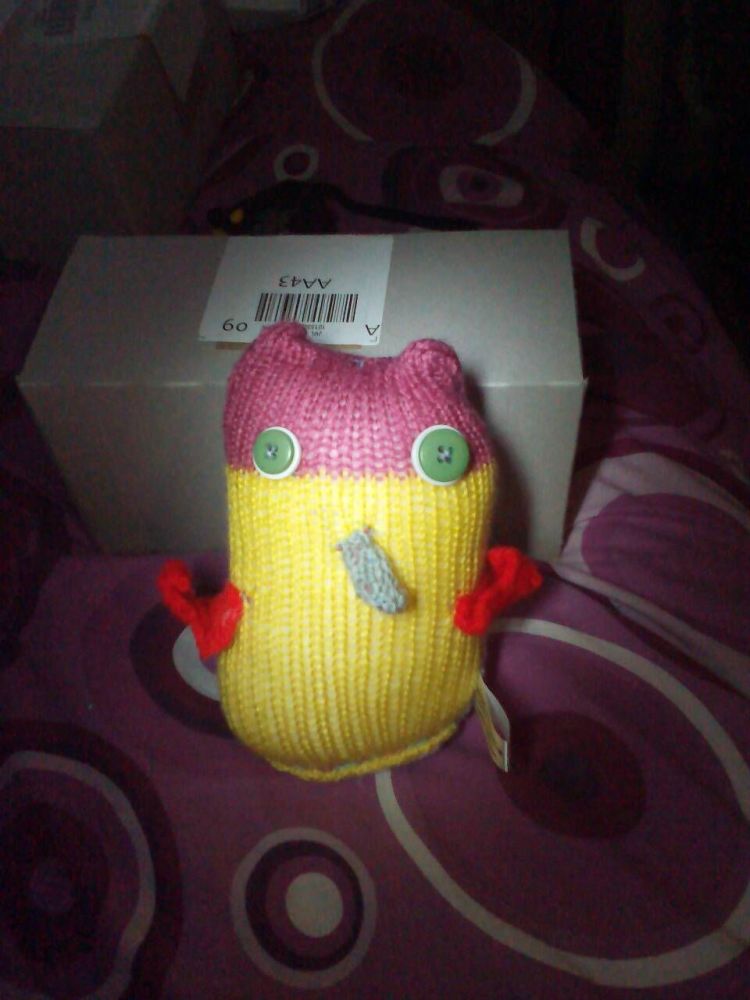 Mauve, Blue and Yellow Body Red Wings with White/Green Eyes Owl - Knitted B