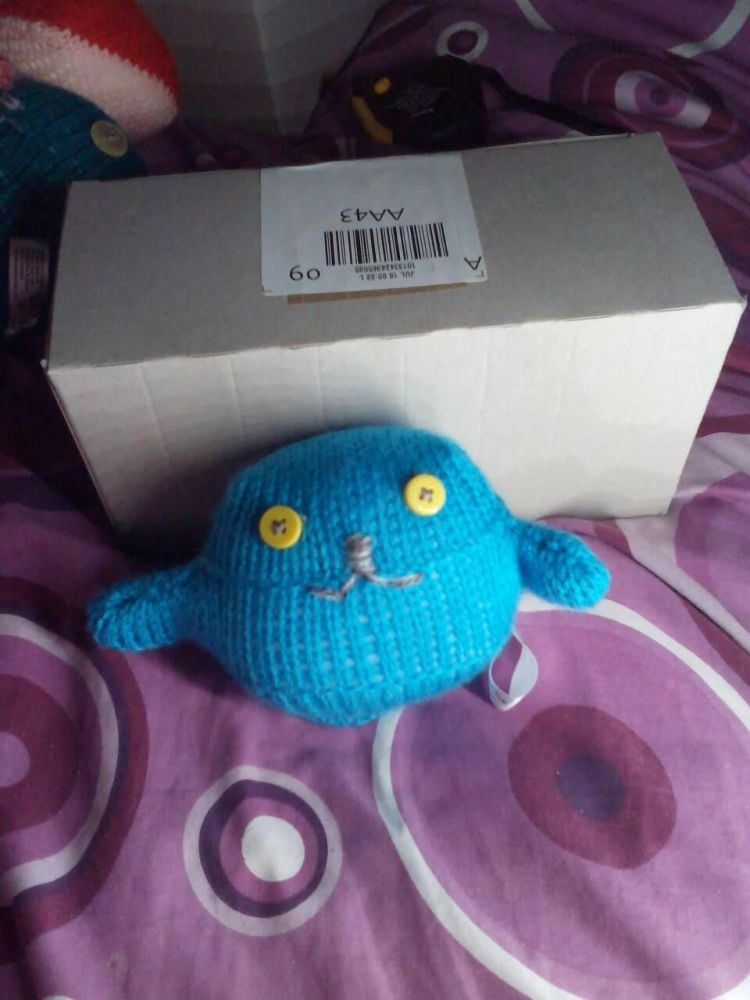 Mid Blue Body with Yellow Eyes Mini Ted - Knitted By KittyMumma