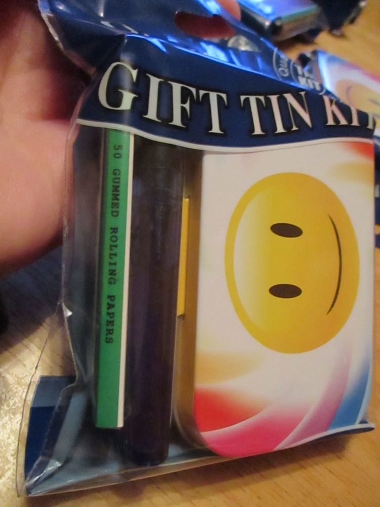 Smiley Print Hinged Tobacco Tin Papers & Blue Lighter Gift Set