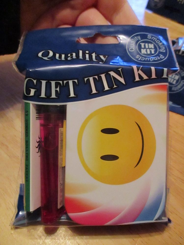 Smiley Print Hinged Tobacco Tin Papers & Pink Lighter Gift Set