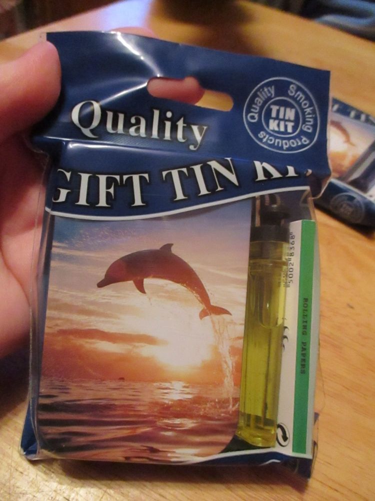 Dolphin Print Hinged Tobacco Tin Papers & Yellow Lighter Gift Set