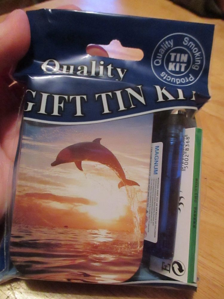 Dolphin Print Hinged Tobacco Tin Papers & Blue Lighter Gift Set