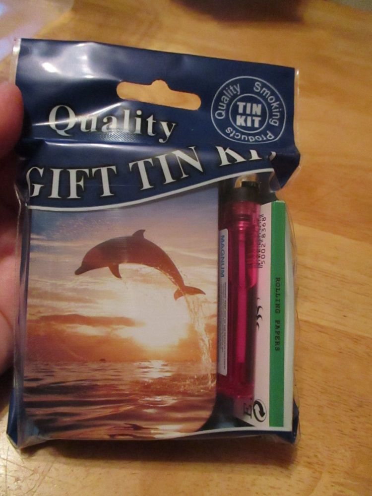 Dolphin Print Hinged Tobacco Tin Papers & Pink Lighter Gift Set
