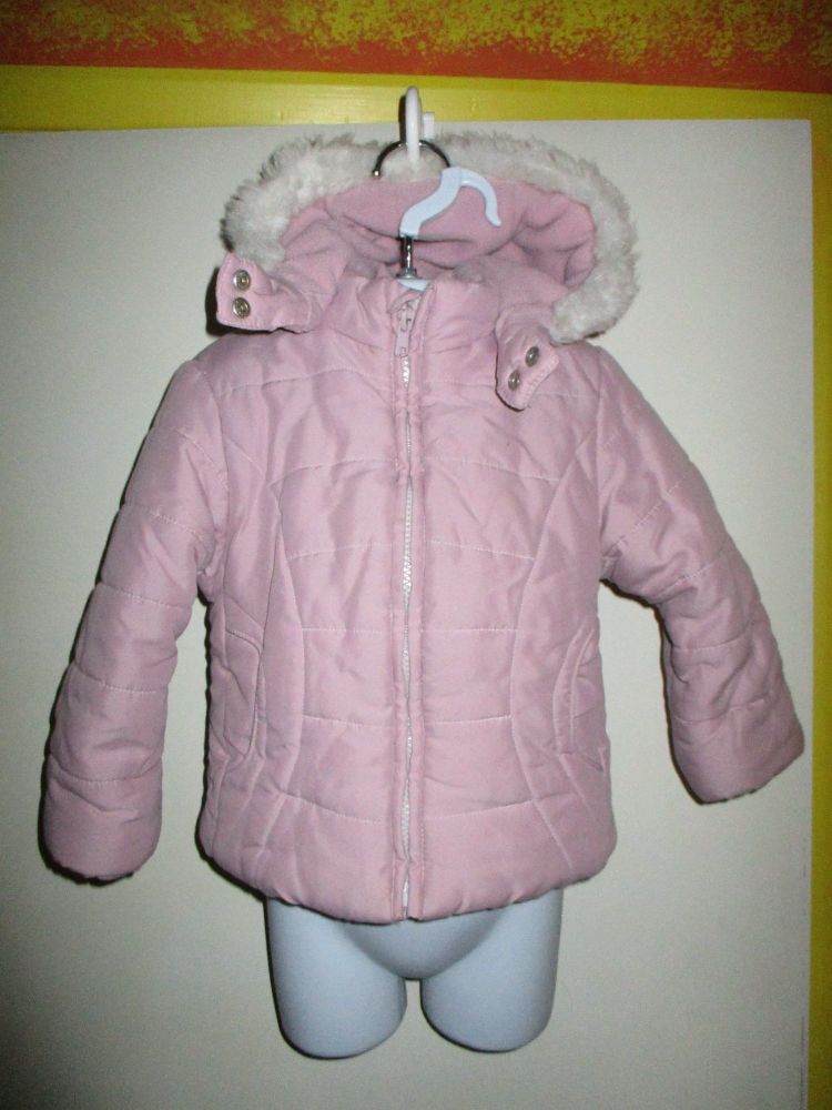 Pink Faux Fur Trim & Fleece Lined Hooded Jacket / Coat - Size 2-3yr Adams Kids