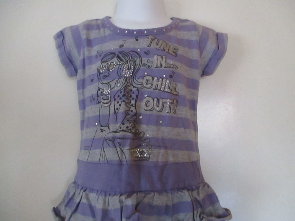 Matalan 3yrs Purple / Grey Tunic Dress - Gem & Glitter Front Design "Tune In Chill Out"