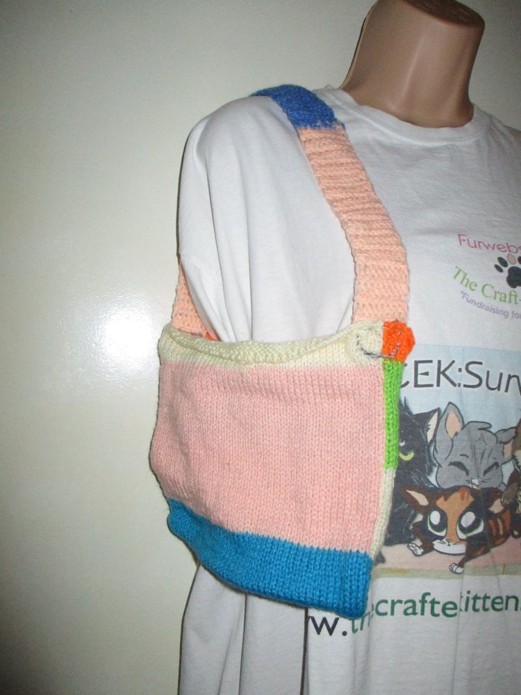 Blue, Peach, Lemon and Orange Knitted Bag. Knitted By KittyMumma