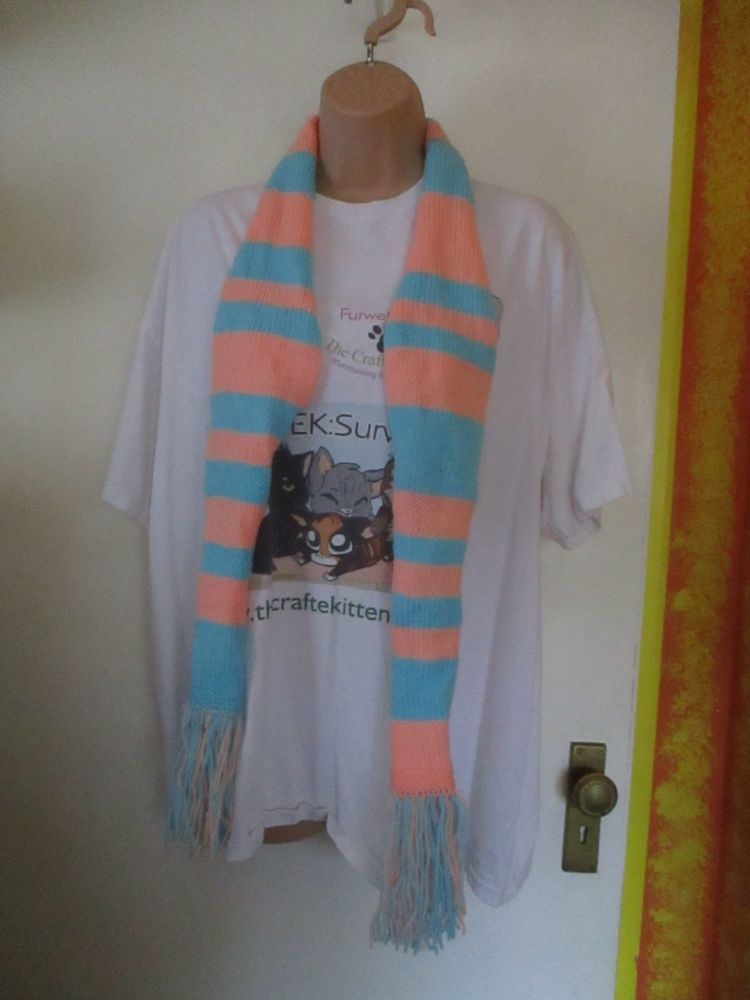 Blue and Peach banded 68.5" Scarf. Knitted By KittyMumma