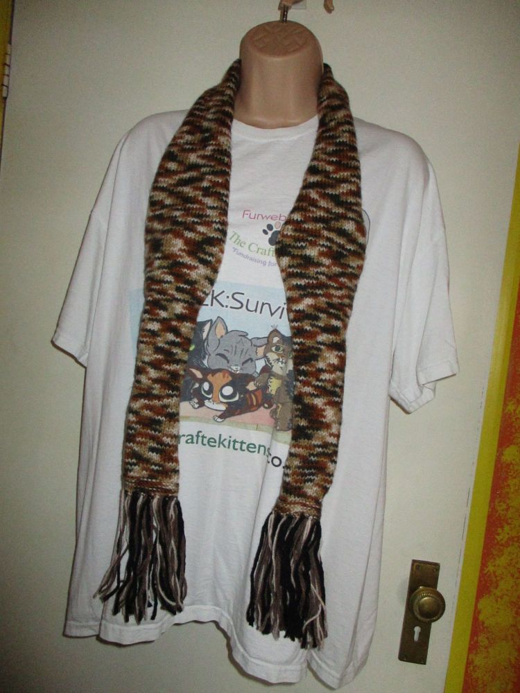 Brown Rainbow with Multi coloured dashes 63" Scarf. Knitted By KittyMumma