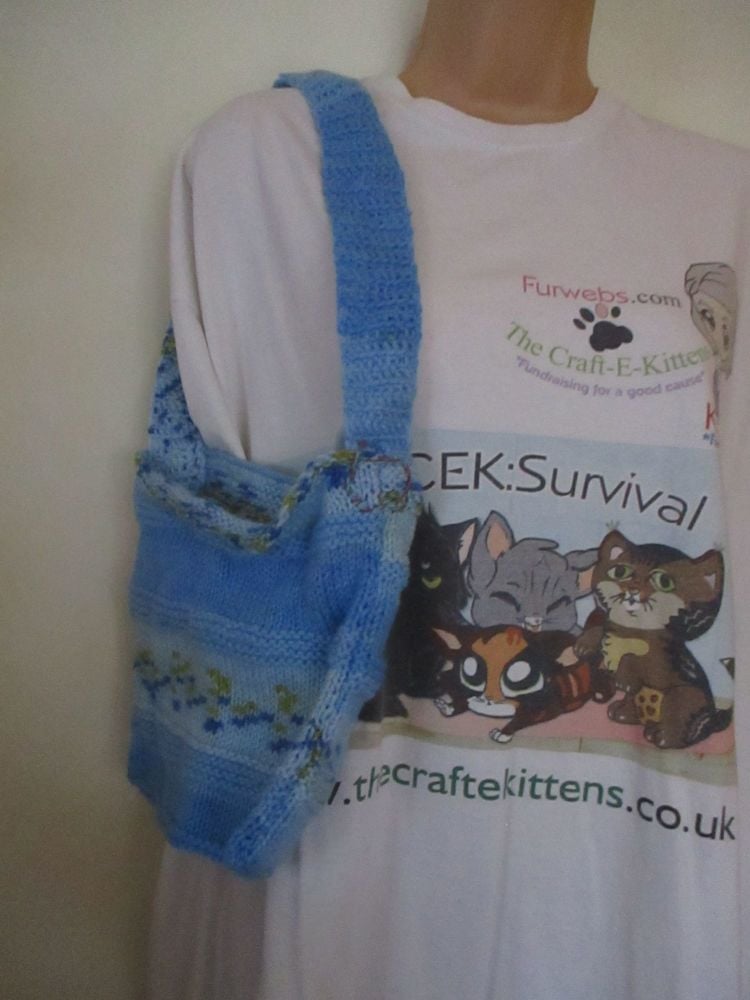 Blue Floral Patterned Knitted Bag. Knitted By KittyMumma