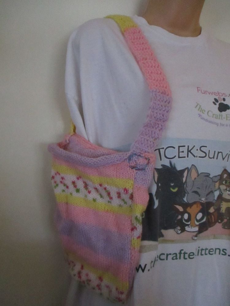 Pink Floral Patterned Knitted Bag. Knitted By KittyMumma