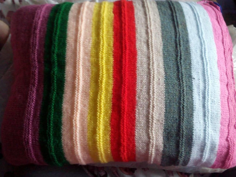 (*)Multiple Striped Pinks Greens Etc Knitted Covered Pillow 21" x 15"