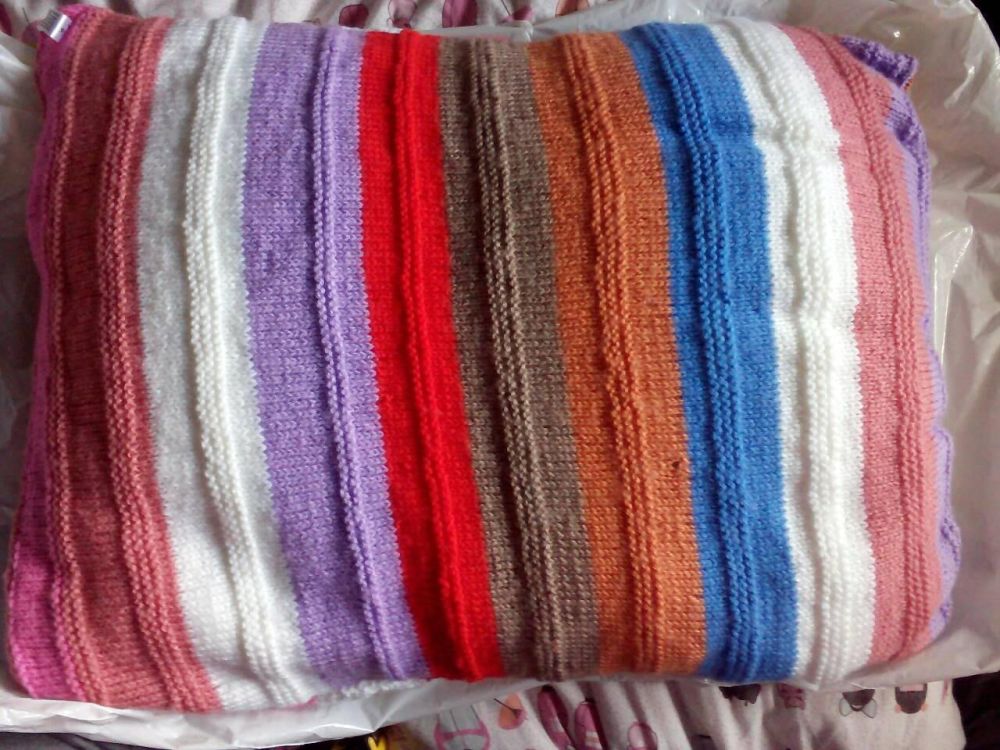Multiple Striped Pink Blue Brown Purple Red White Orange Etc Knitted Covered Pillow 21" x 15"