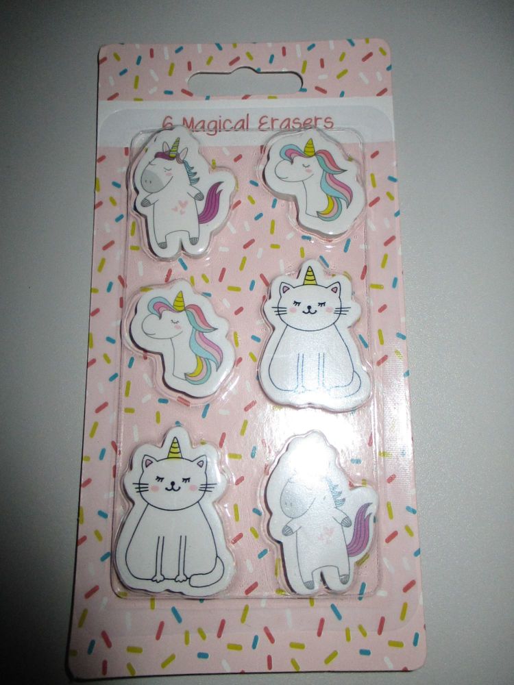 6pc Magical Unicorn & Cat Erasers