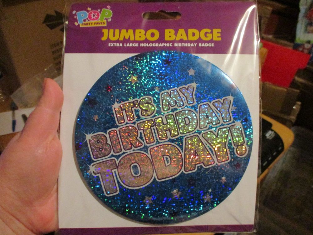 Blue Stars Holographic "It's My Birthday Today" Jumbo Birthday Badge - Pop Party Faves
