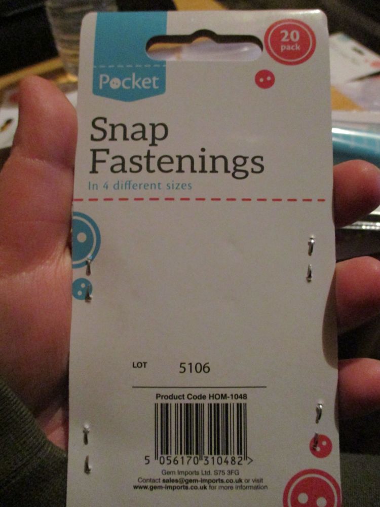 Snap Fastenings (poppers) 20pk Assorted Sizes