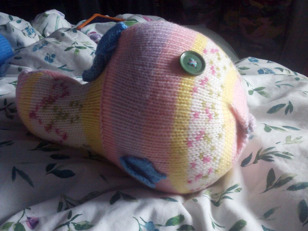 Pink and Yellow Floral Patterned Giant Fish Blue Fins Green Eyes Knitted Soft Toy