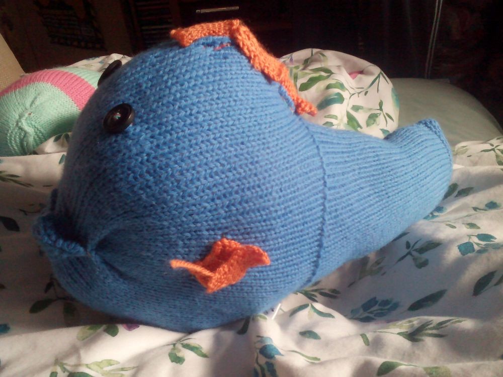 Mid Blue Giant Fish Black Eyes Orange Fins Knitted Soft Toy