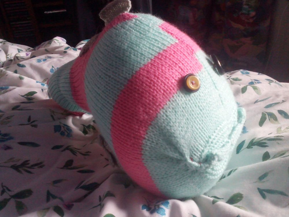Mint Green And Pink Striped Giant Fish Black Yellow Eyes Greyish Brown Fins Knitted Soft Toy