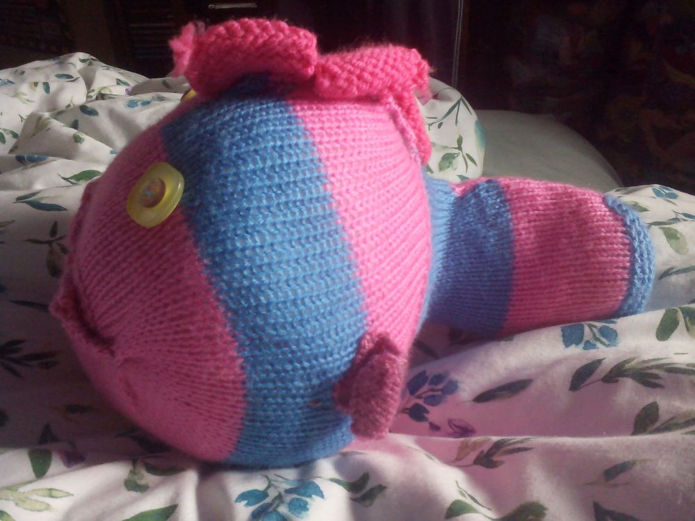 Mid Blue And Pink Striped Giant Fish Pink Glitter Eyes Pink Fins Knitted Soft Toy