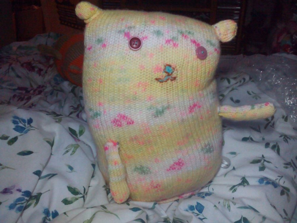 Yellow Floral Giant Cat Soft Toy -Pink Button Eyes