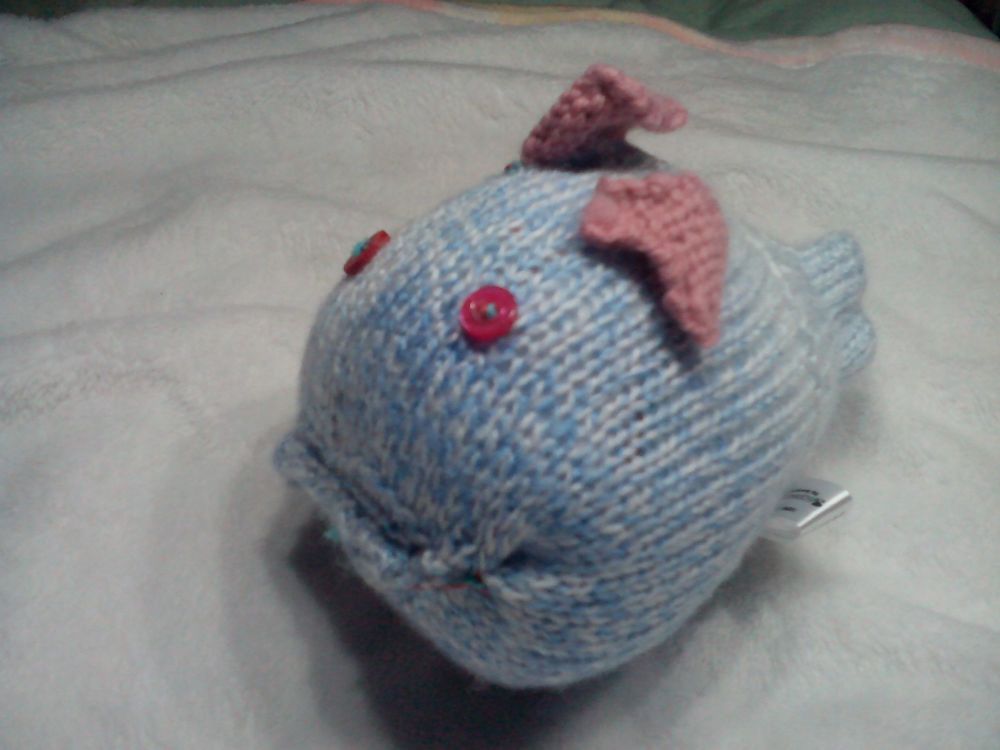 Pale Rainbow Blue Midi Fish with Misplaced Pink Fins And Red Eyes Knitted Soft Toy [CMS23]