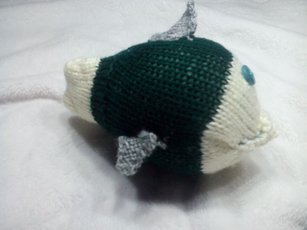 Cream And Dark Green Midi Fish with Turquoise Eyes Knitted Soft Toy