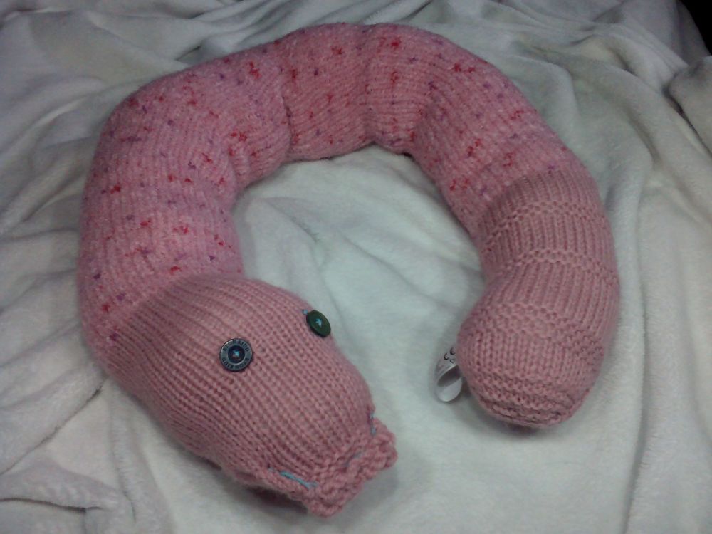 (*)Oversized Pink Flannel / Salmon Banded Giant Snake Knitted Soft Toy