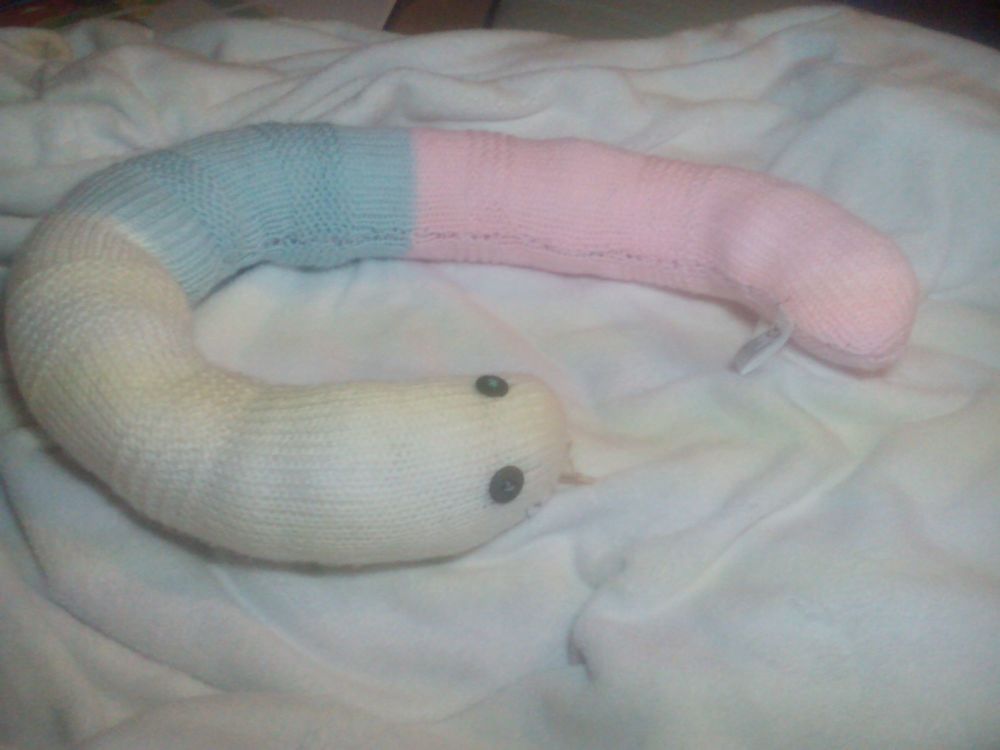 (*)White Pink and Pale Blue Banded Giant Snake - Dark Sage Eyes Knitted Soft Toy