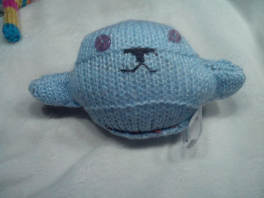 Blue with White Flecks Body with Lilac Eyes Mini Ted Knitted Soft Toy