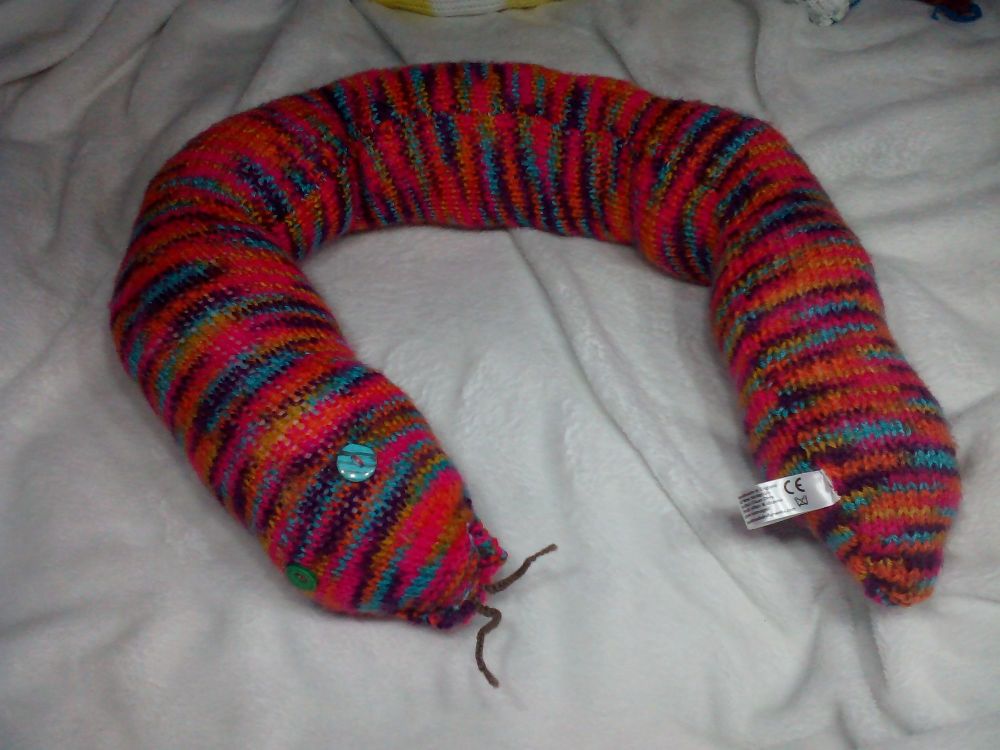 (*)Orange Pink Blue Purple Mustard Striped Rainbow Giant Snake With Green Turq Eyes Knitted Soft Toy