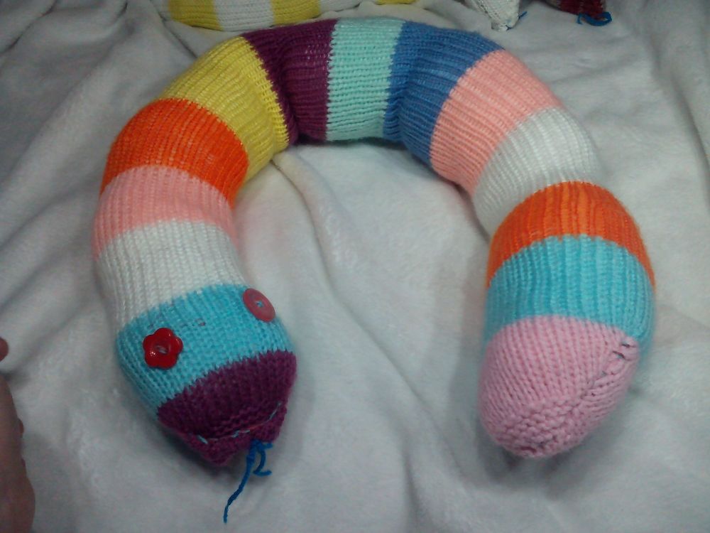 Mauve Blue White Orange Pink Mint Peach Yellow Giant Snake With Red Flower / Pink Round Eyes Knitted Soft Toy