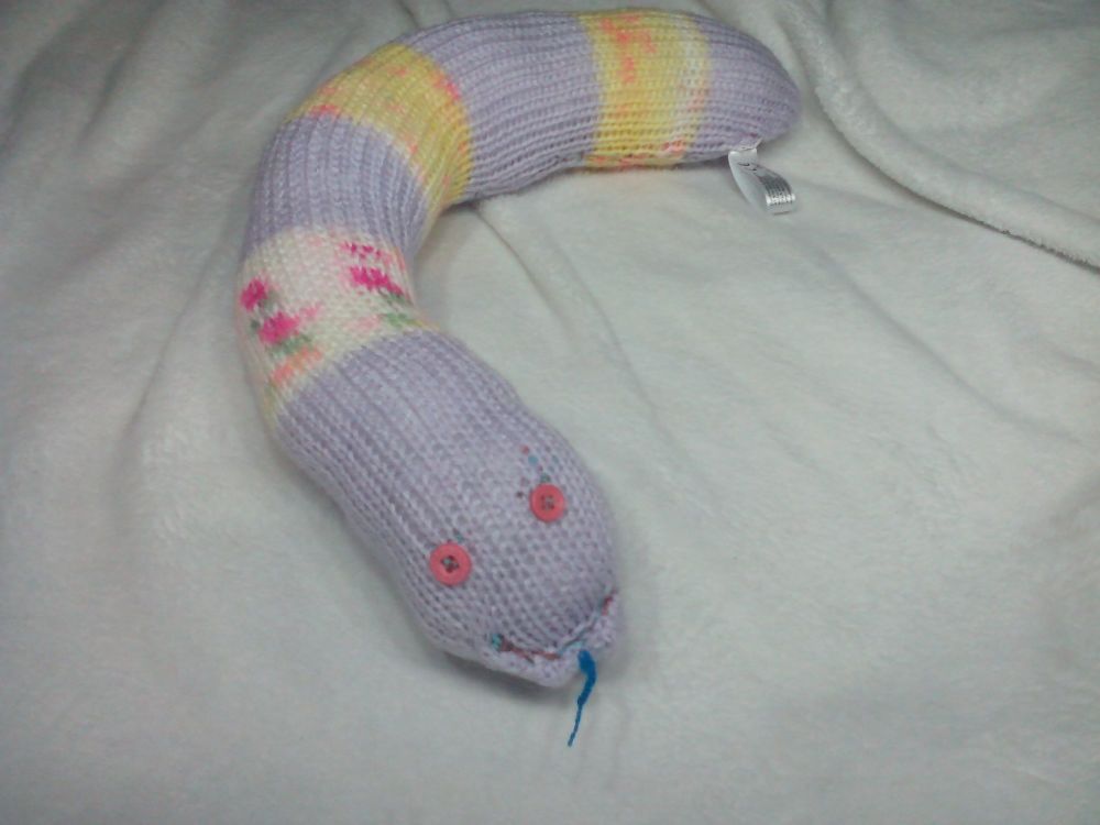 (*)Lilac Yellow Floral Banded With Pink Eyes Midi Snake Knitted Soft Toy