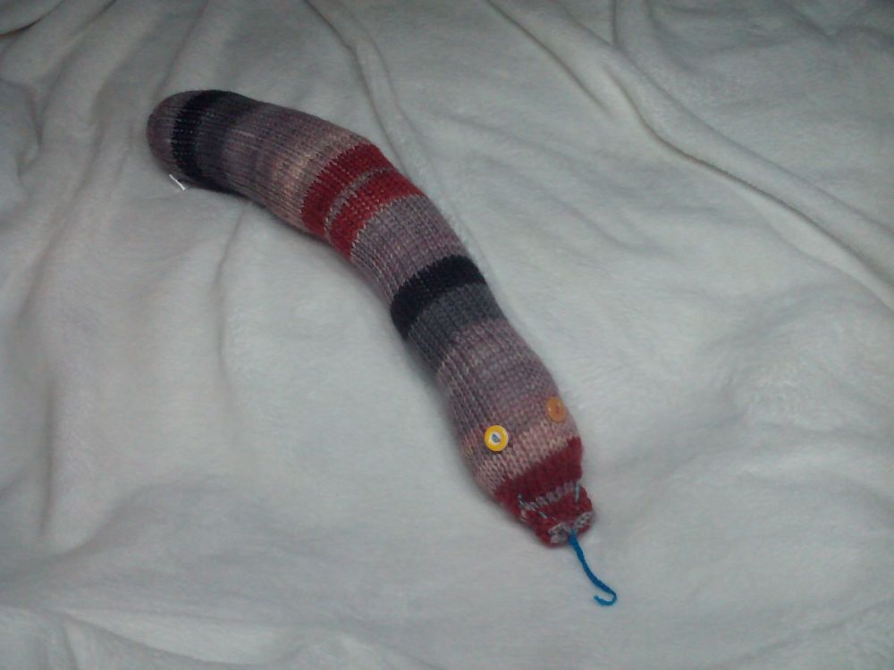 (*)Purplish Brown Grey Black And Rusty Red Banded With 2 Yellow Eyes Midi Snake Knitted Soft Toy