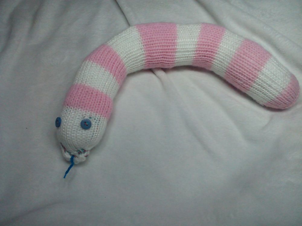 Pink With White Glitter Banded Slate Blue Eyes Midi Snake Knitted Soft Toy
