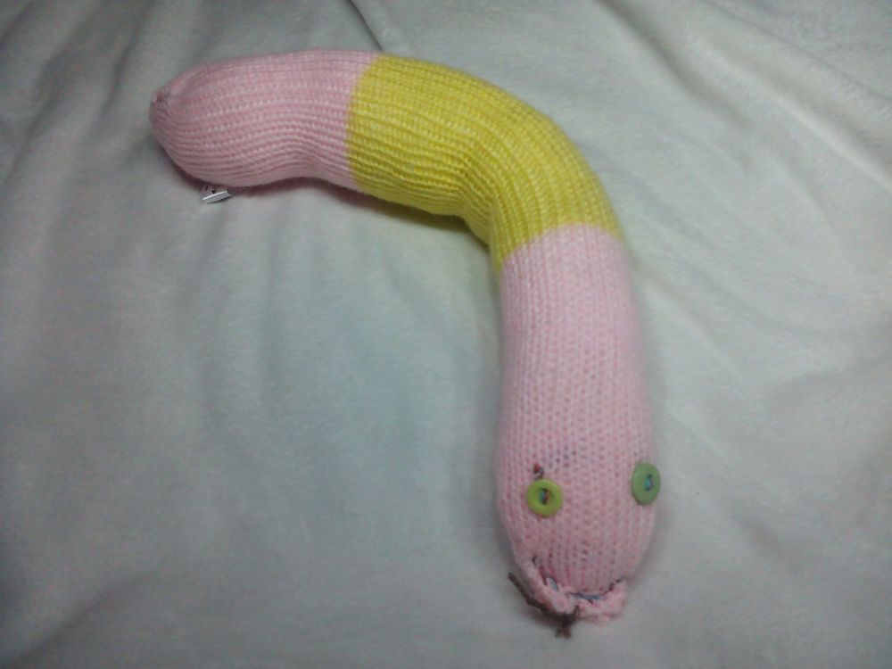(*)Tri Segmented Pink And Yellow Band With Green Eyes Midi Snake Knitted Soft Toy