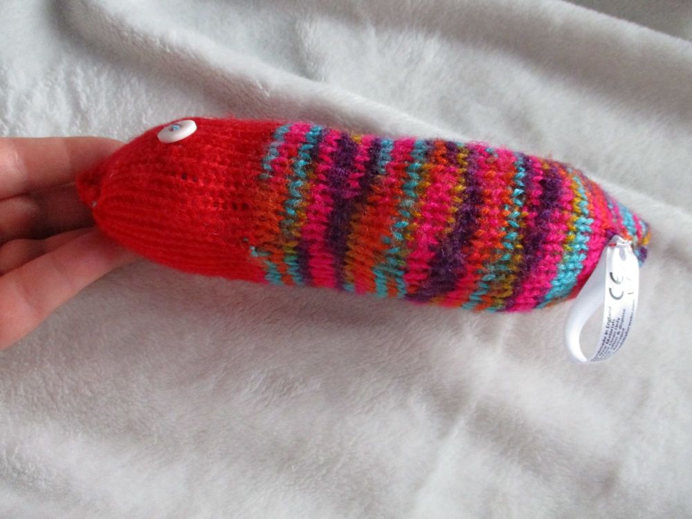 Red Headed Vibrant Stripe Rainbow Body with White Eyes Mini Grub Knitted Soft Toy