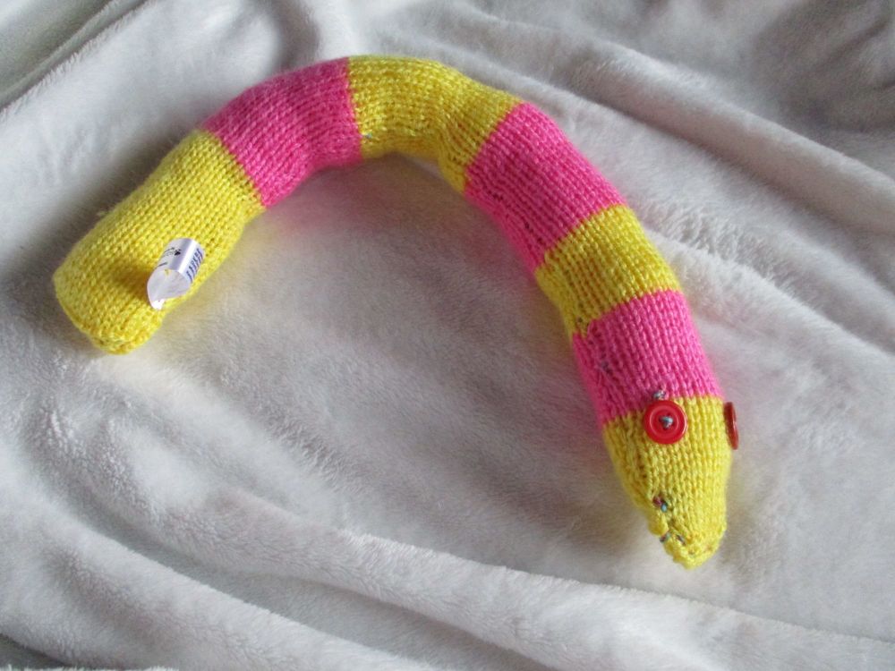 Flat Floppy Fuchsia and Yellow Banded Red Eyes Midi Snake Knitted Soft Toy