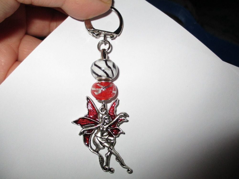 Black White Red Glass Bead and Red Glazed Pixie Metal Charm Keyring