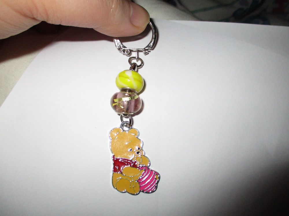 Mustard Yellow Clear Pink Glass Bead and Enamel Winnie The Pooh Metal Charm