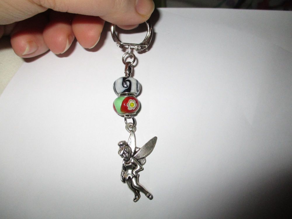 Black White Red Glass Bead and Tinkerbell Fairy themed Metal Charm Keyring