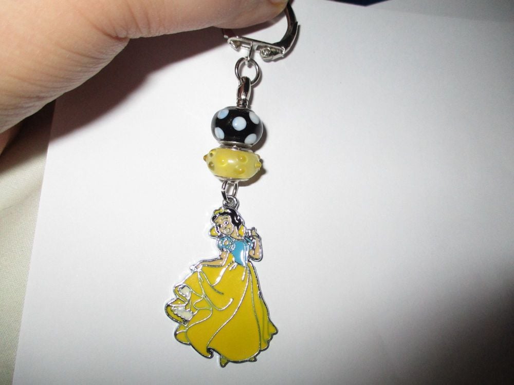 Black White Yellow Glass Bead and Snow White themed Enamel Metal Charm Keyr