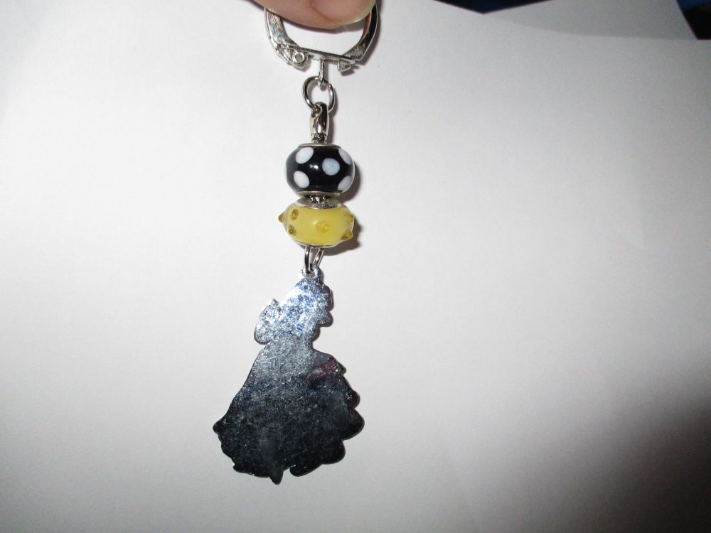 Black White Yellow Glass Bead and Snow White themed Enamel Metal Charm Keyring