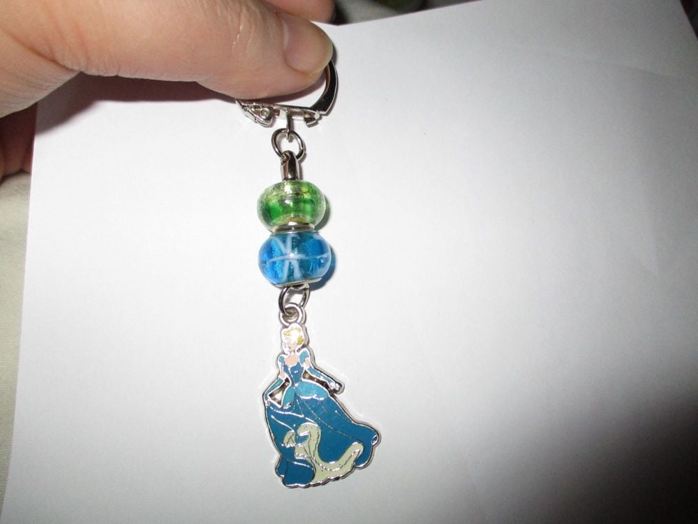 Green Blue Glass Bead and Cinderella themed Enamel Metal Charm Keyring