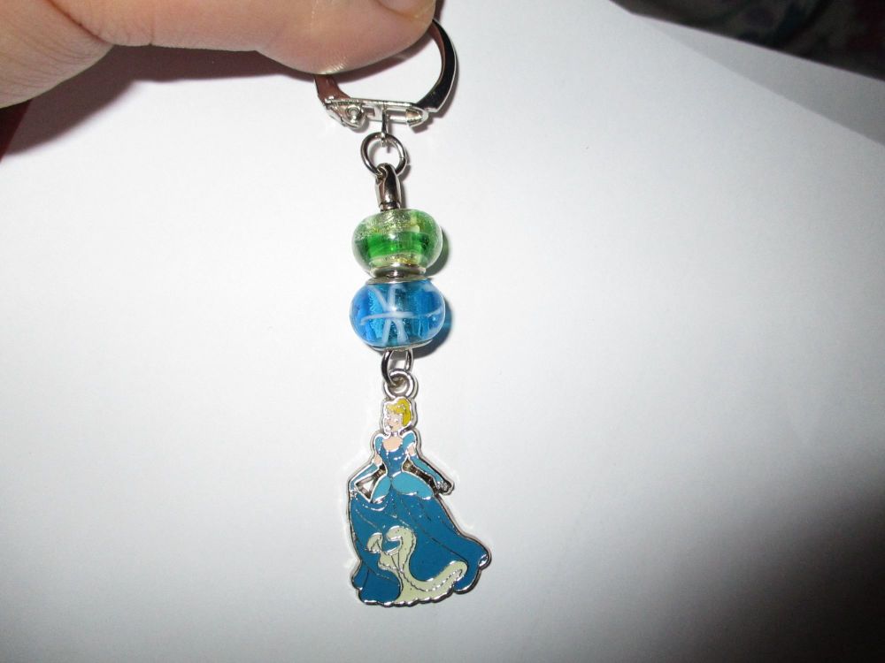 Green Blue Glass Bead and Cinderella themed Enamel Metal Charm Keyring