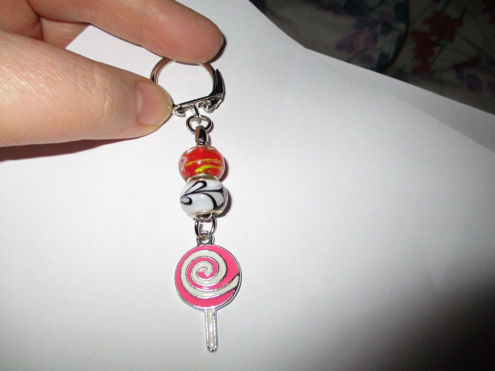 Red Black White Glass Bead and Swirly Lolly themed Enamel Metal Charm Keyring