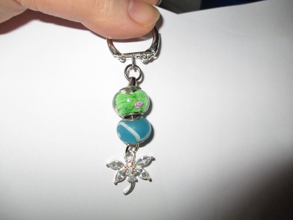 Green Blue Glass Bead and Clear Diamante Dragonfly themed Enamel Metal Charm Keyring